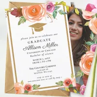 Rustic Watercolor Floral Gold Photo Graduation  Invitation