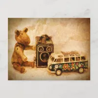 Painted brown wooden vintage toys camera car bear postcard