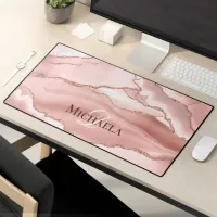 Pink Rose Gold Glitter Agate Geode Monogram Chic Desk Mat