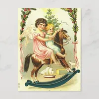 Vintage Christmas Cherubs and Rocking Horse Holiday Postcard