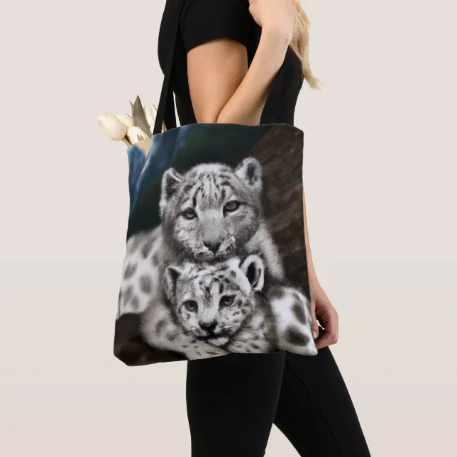 Mother Snow Leopard and Cub in the Mountains Tote Bag