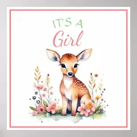 Baby Deer in Flowers | It's a Girl Baby Shower Poster