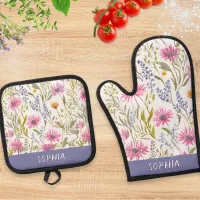 Pretty Watercolor Summer Wildflowers Floral Oven Mitt & Pot Holder Set