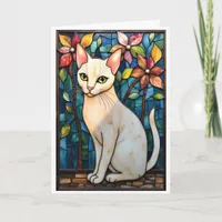 Stained Glass Style White Cat with Flowers Card