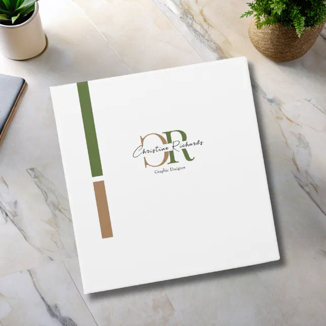 Simple Modern Olive Green Gold Monogram 3 Ring Binder