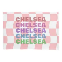 Pastel Pink White Checkerboard Name Typography Pillow Case