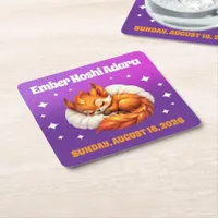 Cute Fox Cub Asleep in Starry Sky Baby Shower Square Paper Coaster