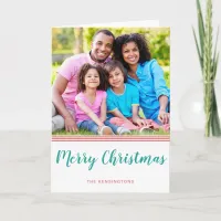 Cute Teal Pink Christmas Stripes Holiday Photo Card