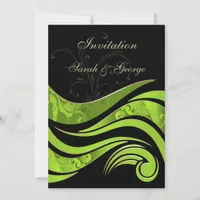 black and green flourish wedding invitation