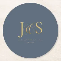 Simply Elegant Wedding Initials Blue ID1022 Round Paper Coaster