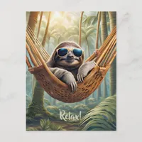 Funny sloth with sunglasses in a hammock postcard