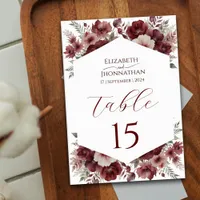 Burgundy Rustic Autumn Floral Watercolor Wedding Table Number