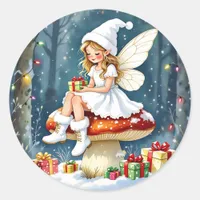 Adorable Little Christmas Fairy on Mushroom Classic Round Sticker