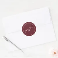 Joyful Calligraphy Return Name Address Burgundy Classic Round Sticker