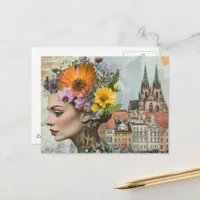 Lady in a City Collage Flowers Buildings Postcard