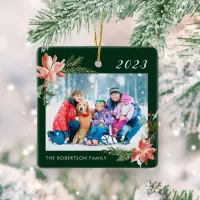 Christmas Family Photo Green Poinsettia Ceramic Ornament