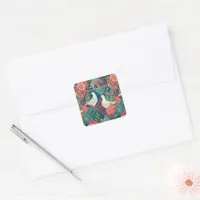 Elegant White Doves Pink Floral & Gold Geometric Square Sticker