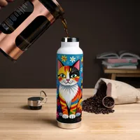 Boho Folk Art Cat, Flowers & Butterfly   Water Bottle