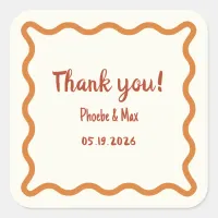 Handwritten Wavy Border Thank You 70s Wedding  Square Sticker