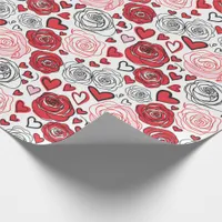 Doodle Art Style Red Pink Roses Hearts Valentine's Wrapping Paper
