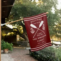 Welcome To Our Lake House Family Monogram Burgundy Flag