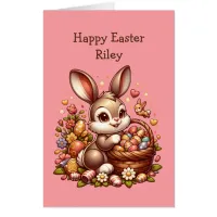 Large Cute Vintage Easter Bunny, Basket and Eggs Card