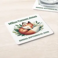 Cute Baby Fox Cub Sleeping in Bed of Leaves Square Paper Coaster