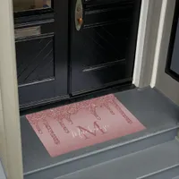 Chic Rose Gold Sparkle Glitter Drips Monogram Doormat