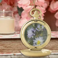 Ellis Rowan Blue White Water Lily Vintage Flowers Pocket Watch