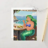 Cute Mermaid at the Cafe Eating Salad Fantasy Postcard
