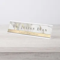 Elegant Glitter Shiny Gold Luxe White Agate Marble Desk Name Plate