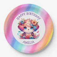 Cute Rainbow Anime Dog Birthday Cake Personalized Paper Plates