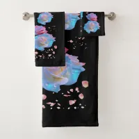 Water Droplets on Pink & Blue Roses on Black | Bath Towel Set