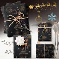 Elegant Black & Gold Deer Custom Christmas Wrapping Paper Sheets