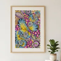 Vibrant Colorful Boho Floral Feather Doodle Art Poster