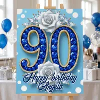 Sapphire Blue Diamond White Rose 90th Birthday Foam Board