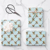 Cute Teddy Bear on a Cloud Blue Bow Tie Wrapping Paper Sheets