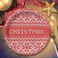 Knitted Stitch Pattern1 Christmas Red ID208 Paper Plates