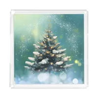 Beautiful Christmas Tree with Snow and Gold Lights Acrylic Tray