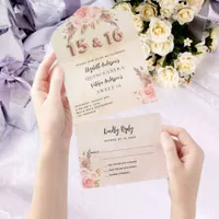 Quinceanera Sweet 16 pampas rose pink florals RSVP All In One Invitation