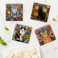 Fluffy Gray Striped Cat with Folk Art Flowers Coaster Set