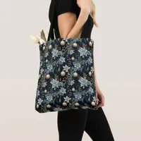 Blue and Gold Christmas Ornaments Poinsettias Tote Bag