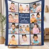 Grandma Personalized Navy Blue 11 Photo Collage Fleece Blanket