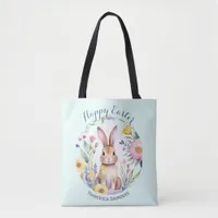 Cute Bunny and Flowers Pretty Happy Easter Tote Bag