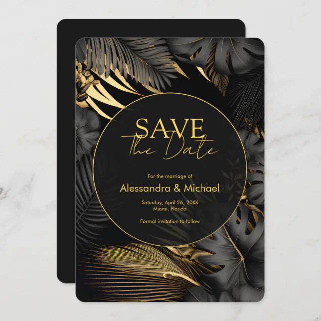 Modern Black Gold Tropical Wedding Save The Date Invitation