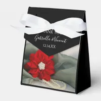 Red Poinsettia and Pearls on Green Winter Wedding Favor Boxes