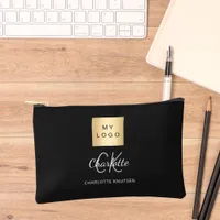 Black white business logo name monogram accessory pouch