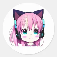 Kawaii Girl with Headphones on Classic Round Sticker