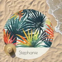 Colorful Botanic Palm Leaves Personalized Round Beach Towel