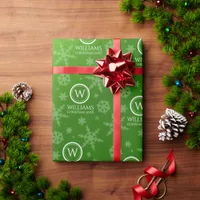Festive Green Foil Snowflakes Monogram Name Wrapping Paper